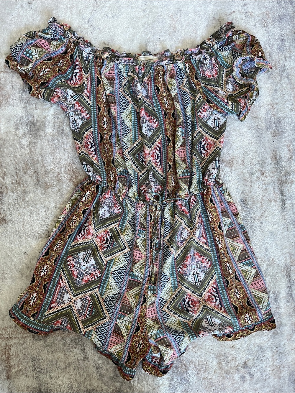 Off-Shoulder Multicolor Printed Romper - Pink & Green